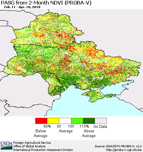 Ukraine, Moldova and Belarus PASG from 2-Month NDVI (PROBA-V) Thematic Map For 4/1/2018 - 4/10/2018