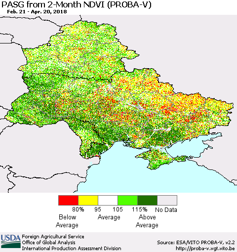 Ukraine, Moldova and Belarus PASG from 2-Month NDVI (PROBA-V) Thematic Map For 4/11/2018 - 4/20/2018