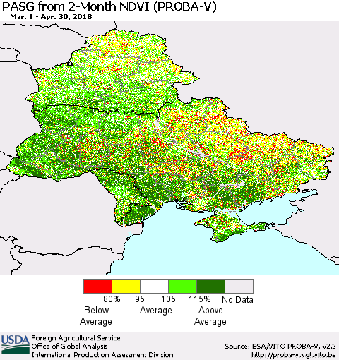 Ukraine, Moldova and Belarus PASG from 2-Month NDVI (PROBA-V) Thematic Map For 4/21/2018 - 4/30/2018