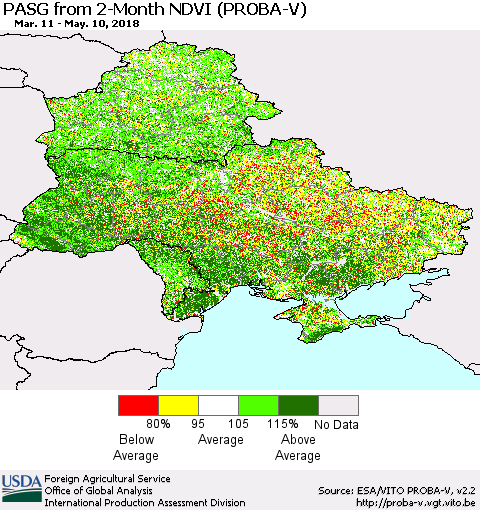 Ukraine, Moldova and Belarus PASG from 2-Month NDVI (PROBA-V) Thematic Map For 5/1/2018 - 5/10/2018