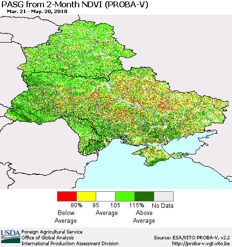 Ukraine, Moldova and Belarus PASG from 2-Month NDVI (PROBA-V) Thematic Map For 5/11/2018 - 5/20/2018