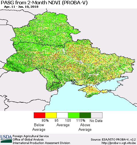 Ukraine, Moldova and Belarus PASG from 2-Month NDVI (PROBA-V) Thematic Map For 6/1/2018 - 6/10/2018