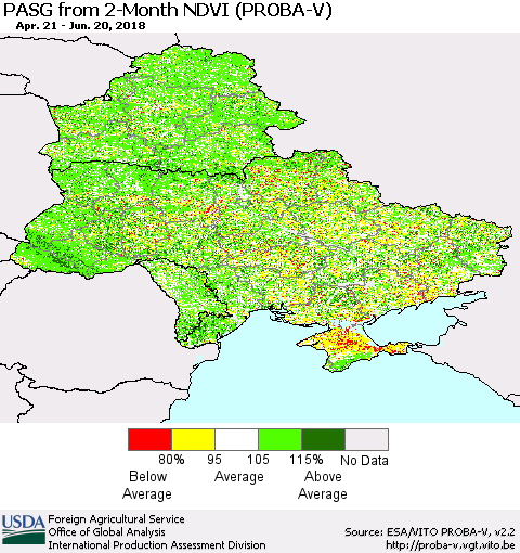 Ukraine, Moldova and Belarus PASG from 2-Month NDVI (PROBA-V) Thematic Map For 6/11/2018 - 6/20/2018