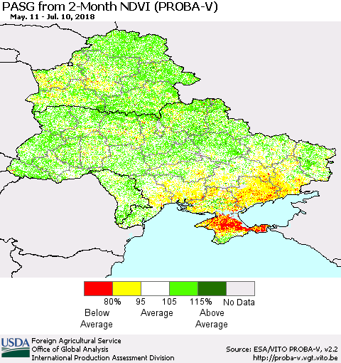 Ukraine, Moldova and Belarus PASG from 2-Month NDVI (PROBA-V) Thematic Map For 7/1/2018 - 7/10/2018