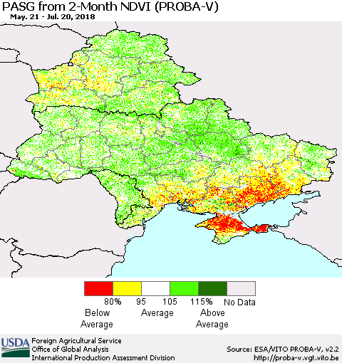 Ukraine, Moldova and Belarus PASG from 2-Month NDVI (PROBA-V) Thematic Map For 7/11/2018 - 7/20/2018