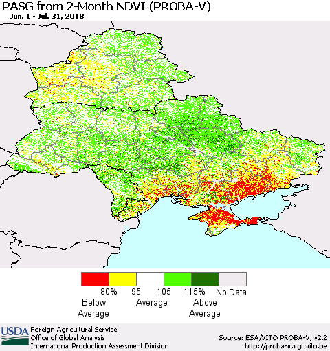 Ukraine, Moldova and Belarus PASG from 2-Month NDVI (PROBA-V) Thematic Map For 7/21/2018 - 7/31/2018