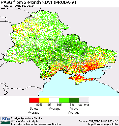 Ukraine, Moldova and Belarus PASG from 2-Month NDVI (PROBA-V) Thematic Map For 8/1/2018 - 8/10/2018