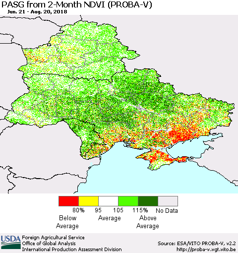 Ukraine, Moldova and Belarus PASG from 2-Month NDVI (PROBA-V) Thematic Map For 8/11/2018 - 8/20/2018