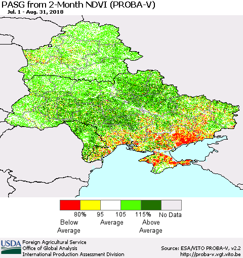 Ukraine, Moldova and Belarus PASG from 2-Month NDVI (PROBA-V) Thematic Map For 8/21/2018 - 8/31/2018