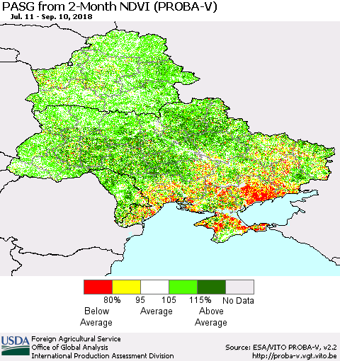 Ukraine, Moldova and Belarus PASG from 2-Month NDVI (PROBA-V) Thematic Map For 9/1/2018 - 9/10/2018