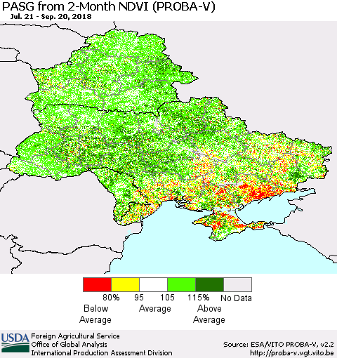 Ukraine, Moldova and Belarus PASG from 2-Month NDVI (PROBA-V) Thematic Map For 9/11/2018 - 9/20/2018