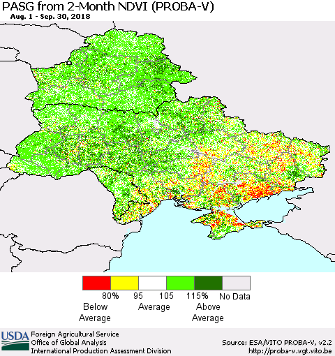 Ukraine, Moldova and Belarus PASG from 2-Month NDVI (PROBA-V) Thematic Map For 9/21/2018 - 9/30/2018