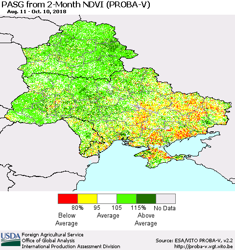 Ukraine, Moldova and Belarus PASG from 2-Month NDVI (PROBA-V) Thematic Map For 10/1/2018 - 10/10/2018