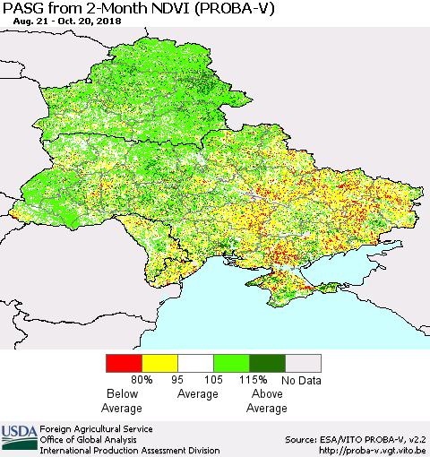 Ukraine, Moldova and Belarus PASG from 2-Month NDVI (PROBA-V) Thematic Map For 10/11/2018 - 10/20/2018