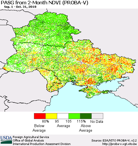 Ukraine, Moldova and Belarus PASG from 2-Month NDVI (PROBA-V) Thematic Map For 10/21/2018 - 10/31/2018