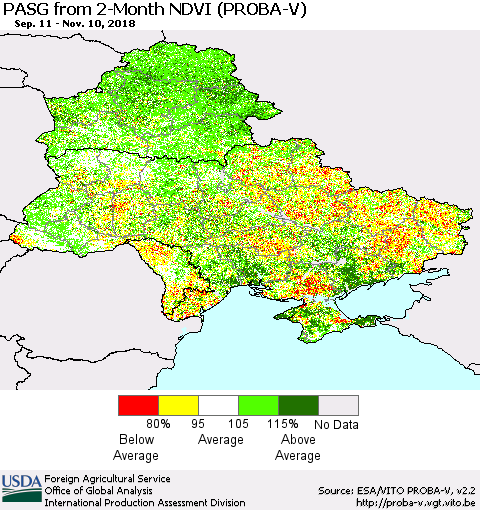 Ukraine, Moldova and Belarus PASG from 2-Month NDVI (PROBA-V) Thematic Map For 11/1/2018 - 11/10/2018