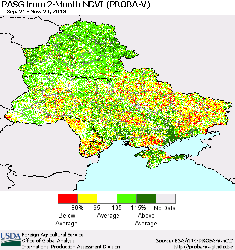 Ukraine, Moldova and Belarus PASG from 2-Month NDVI (PROBA-V) Thematic Map For 11/11/2018 - 11/20/2018