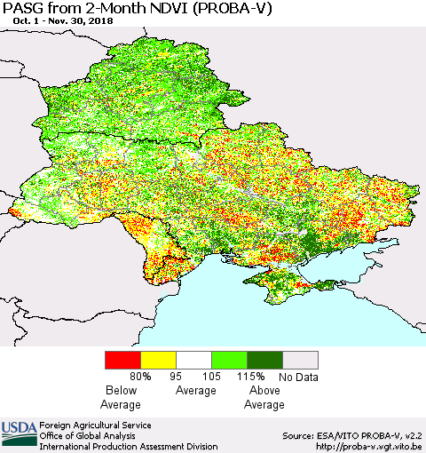 Ukraine, Moldova and Belarus PASG from 2-Month NDVI (PROBA-V) Thematic Map For 11/21/2018 - 11/30/2018