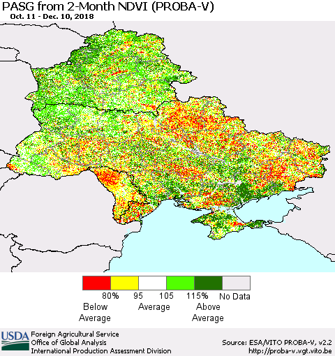 Ukraine, Moldova and Belarus PASG from 2-Month NDVI (PROBA-V) Thematic Map For 12/1/2018 - 12/10/2018