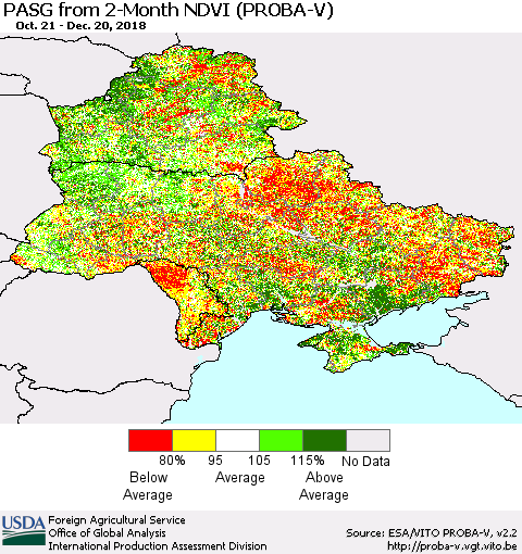 Ukraine, Moldova and Belarus PASG from 2-Month NDVI (PROBA-V) Thematic Map For 12/11/2018 - 12/20/2018