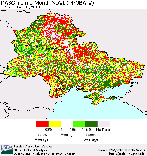 Ukraine, Moldova and Belarus PASG from 2-Month NDVI (PROBA-V) Thematic Map For 12/21/2018 - 12/31/2018