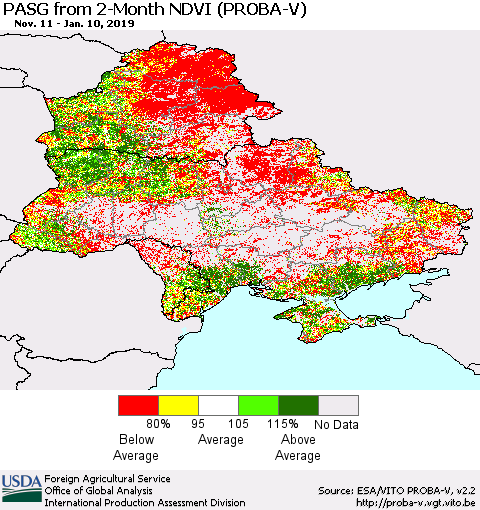 Ukraine, Moldova and Belarus PASG from 2-Month NDVI (PROBA-V) Thematic Map For 1/1/2019 - 1/10/2019