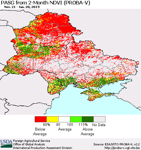 Ukraine, Moldova and Belarus PASG from 2-Month NDVI (PROBA-V) Thematic Map For 1/11/2019 - 1/20/2019
