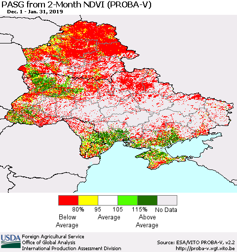 Ukraine, Moldova and Belarus PASG from 2-Month NDVI (PROBA-V) Thematic Map For 1/21/2019 - 1/31/2019