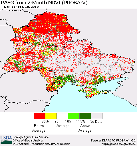 Ukraine, Moldova and Belarus PASG from 2-Month NDVI (PROBA-V) Thematic Map For 2/1/2019 - 2/10/2019