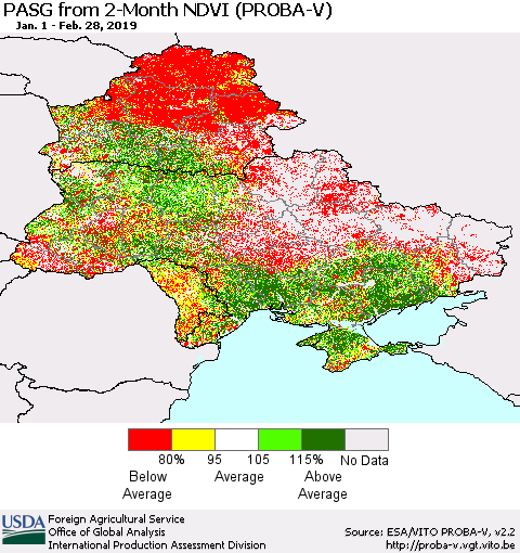 Ukraine, Moldova and Belarus PASG from 2-Month NDVI (PROBA-V) Thematic Map For 2/21/2019 - 2/28/2019