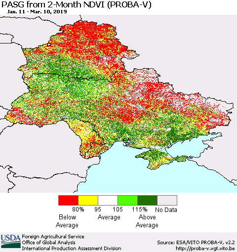 Ukraine, Moldova and Belarus PASG from 2-Month NDVI (PROBA-V) Thematic Map For 3/1/2019 - 3/10/2019