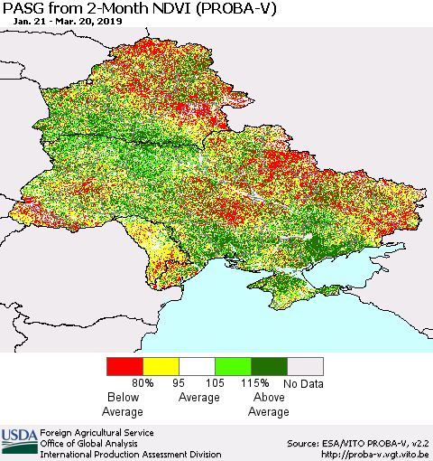 Ukraine, Moldova and Belarus PASG from 2-Month NDVI (PROBA-V) Thematic Map For 3/11/2019 - 3/20/2019