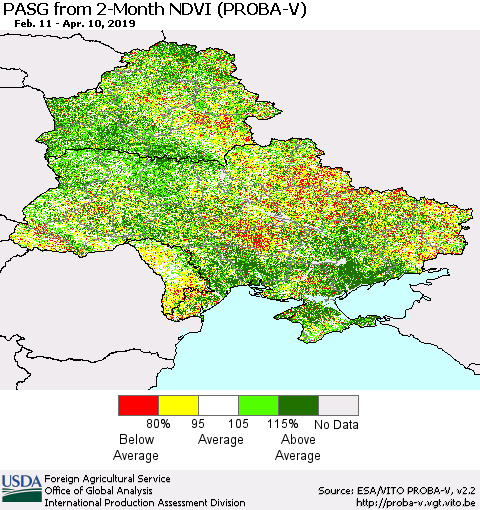 Ukraine, Moldova and Belarus PASG from 2-Month NDVI (PROBA-V) Thematic Map For 4/1/2019 - 4/10/2019