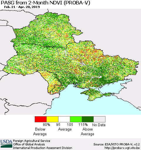 Ukraine, Moldova and Belarus PASG from 2-Month NDVI (PROBA-V) Thematic Map For 4/11/2019 - 4/20/2019