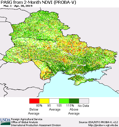 Ukraine, Moldova and Belarus PASG from 2-Month NDVI (PROBA-V) Thematic Map For 4/21/2019 - 4/30/2019