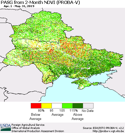 Ukraine, Moldova and Belarus PASG from 2-Month NDVI (PROBA-V) Thematic Map For 5/21/2019 - 5/31/2019