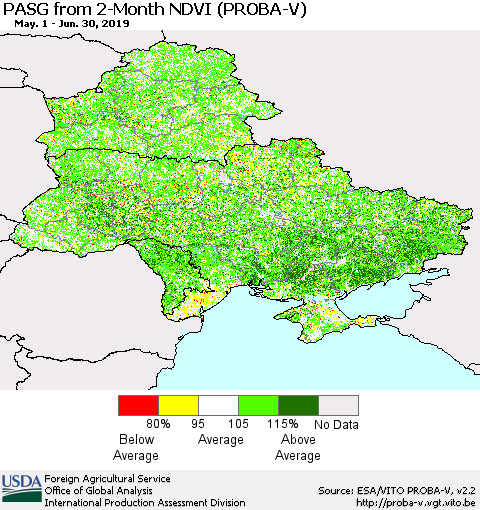 Ukraine, Moldova and Belarus PASG from 2-Month NDVI (PROBA-V) Thematic Map For 6/21/2019 - 6/30/2019