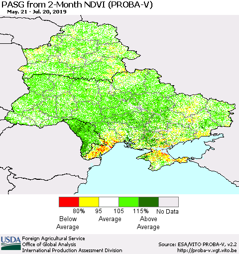 Ukraine, Moldova and Belarus PASG from 2-Month NDVI (PROBA-V) Thematic Map For 7/11/2019 - 7/20/2019