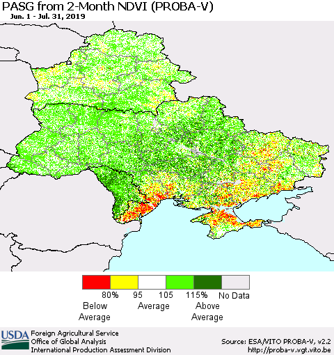 Ukraine, Moldova and Belarus PASG from 2-Month NDVI (PROBA-V) Thematic Map For 7/21/2019 - 7/31/2019