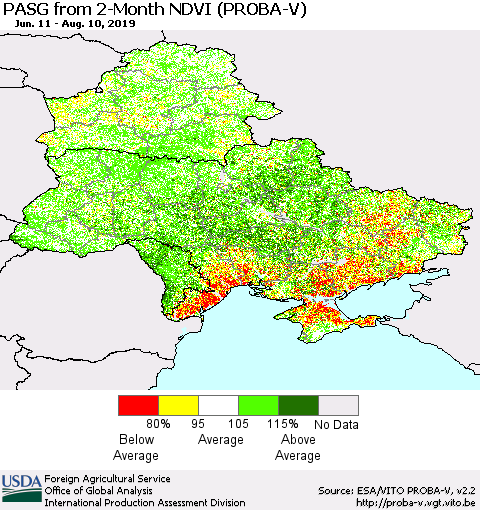 Ukraine, Moldova and Belarus PASG from 2-Month NDVI (PROBA-V) Thematic Map For 8/1/2019 - 8/10/2019