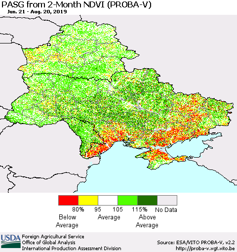 Ukraine, Moldova and Belarus PASG from 2-Month NDVI (PROBA-V) Thematic Map For 8/11/2019 - 8/20/2019