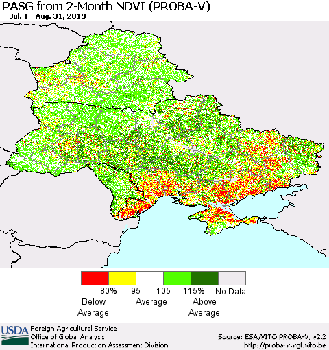 Ukraine, Moldova and Belarus PASG from 2-Month NDVI (PROBA-V) Thematic Map For 8/21/2019 - 8/31/2019