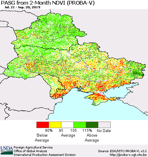 Ukraine, Moldova and Belarus PASG from 2-Month NDVI (PROBA-V) Thematic Map For 9/11/2019 - 9/20/2019