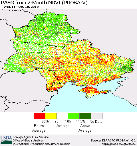 Ukraine, Moldova and Belarus PASG from 2-Month NDVI (PROBA-V) Thematic Map For 10/1/2019 - 10/10/2019