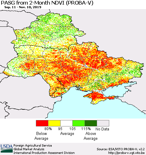 Ukraine, Moldova and Belarus PASG from 2-Month NDVI (PROBA-V) Thematic Map For 11/1/2019 - 11/10/2019