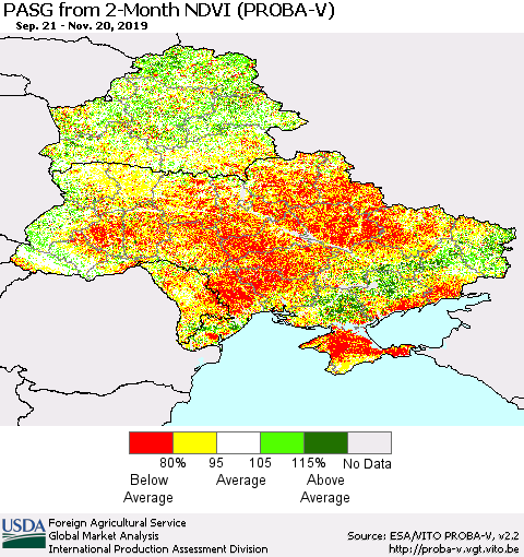 Ukraine, Moldova and Belarus PASG from 2-Month NDVI (PROBA-V) Thematic Map For 11/11/2019 - 11/20/2019