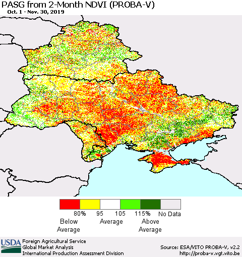 Ukraine, Moldova and Belarus PASG from 2-Month NDVI (PROBA-V) Thematic Map For 11/21/2019 - 11/30/2019