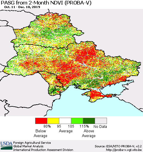 Ukraine, Moldova and Belarus PASG from 2-Month NDVI (PROBA-V) Thematic Map For 12/1/2019 - 12/10/2019