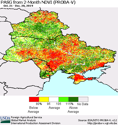 Ukraine, Moldova and Belarus PASG from 2-Month NDVI (PROBA-V) Thematic Map For 12/11/2019 - 12/20/2019