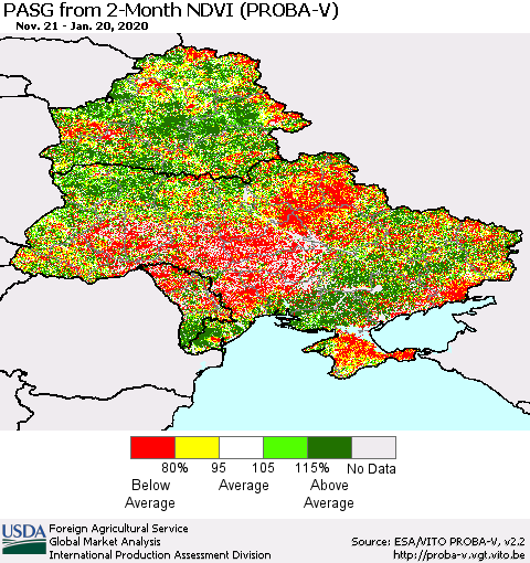 Ukraine, Moldova and Belarus PASG from 2-Month NDVI (PROBA-V) Thematic Map For 1/11/2020 - 1/20/2020
